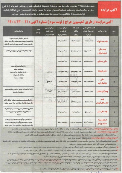 مزایده بهره برداری از مجموعه فرهنگی ، هنری و ورزشی... - نوبت سوم