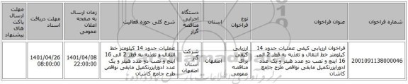 مناقصه، فراخوان ارزیابی کیفی عملیات حدود 14 کیلومتر خط انتقال و تغذیه به قطر 2 الی 16 اینچ و نصب دو عدد هیتر و یک عدد ادورایزرتکمیل مابقی نواقص طرح جامع کاشان