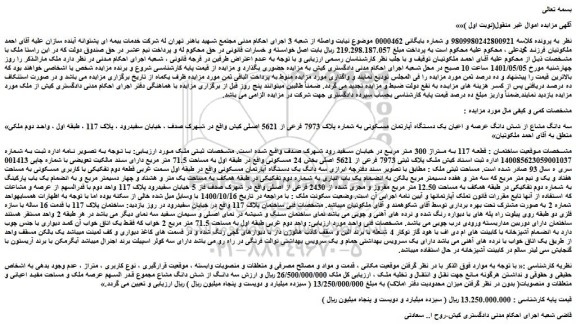مزایده  یک دستگاه آپارتمان مسکونی به شماره پلاک 7973 فرعی از 5621 اصلی