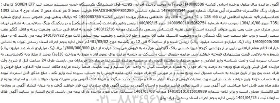 آگهی مزایده  ششدانگ یکدستگاه خودرو سیستم سمند