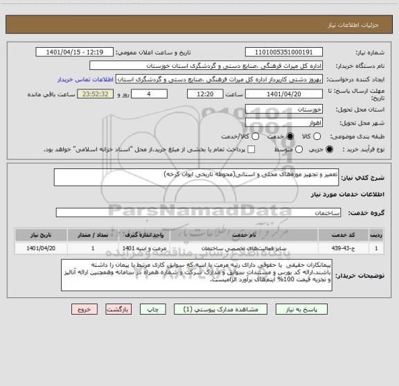استعلام تعمیر و تجهیز موزه های محلی و استانی(محوطه تاریخی ایوان کرخه)
