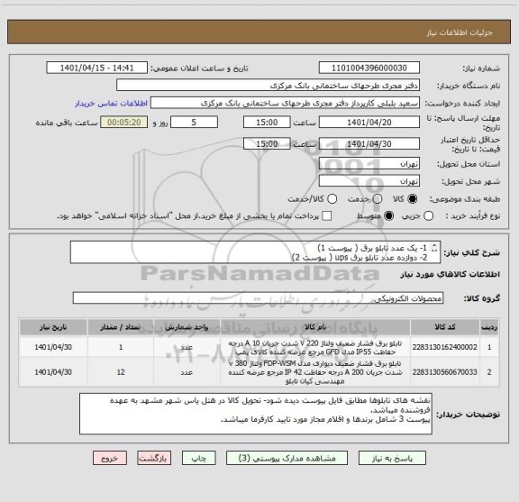 استعلام 1- یک عدد تابلو برق ( پیوست 1)
2- دوازده عدد تابلو برق ups ( پیوست 2)
ایران کد مشابه است