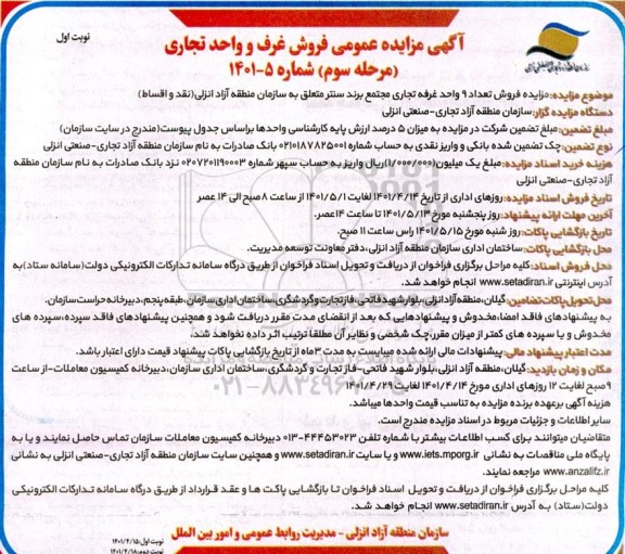 مزایده فروش تعداد 9 واحد غرفه تجاری