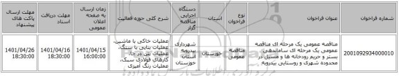 مناقصه، مناقصه عمومی یک مرحله ای مناقصه عمومی یک مرحله ای ساماندهی بستر و حریم رودخانه ها و مسیل در محدوده شهری و روستایی بیدروبه