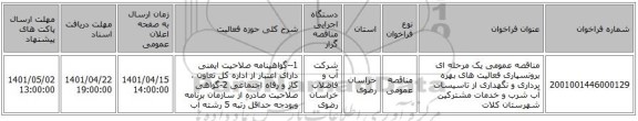 مناقصه، مناقصه عمومی یک مرحله ای برونسپاری فعالیت های بهره برداری و نگهداری از تاسیسات آب شرب و خدمات مشترکین شهرستان کلات