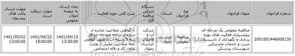 مناقصه، مناقصه عمومی یک مرحله ای برونسپاری فعالیت های بهره برداری و نگهداری از تاسیسات آب شرب و خدمات مشترکین شهرستان بردسکن