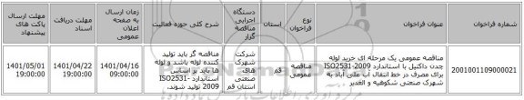 مناقصه، مناقصه عمومی یک مرحله ای خرید لوله چدن داکتیل با استاندارد ISO2531-2009 برای مصرف در خط انتقال آب علی آباد به شهرک صنعتی شکوهیه و الغدیر