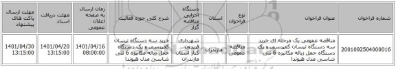 مناقصه، مناقصه عمومی یک مرحله ای خرید سه دستگاه نیسان کمپرسی و یک دستگاه حمل زباله مکانیزه 6 تنی شاسی مدل هیوندا