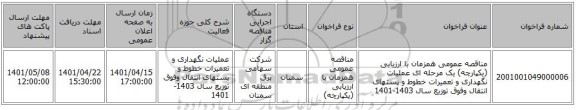 مناقصه، مناقصه عمومی همزمان با ارزیابی (یکپارچه) یک مرحله ای عملیات نگهداری و تعمیرات خطوط و پستهای انتقال وفوق توزیع  سال 1403-1401
