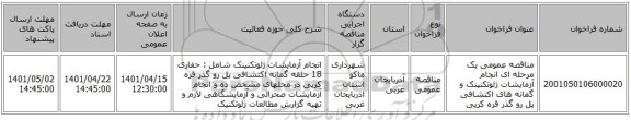 مناقصه، مناقصه عمومی یک مرحله ای انجام آزمایشات ژئوتکنینک و گمانه های اکتشافی پل رو گذر قره کرپی