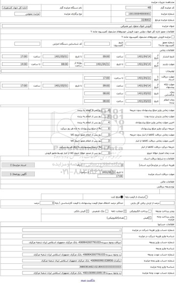مزایده ، - صندلی فلزی (708 عدد)  2- صندلی چوبی (410 عدد) 3- صندولی چرخدار (291 عدد)  4- میز تحریر چوبی (162 عدد)  5- کمد چوبی (1