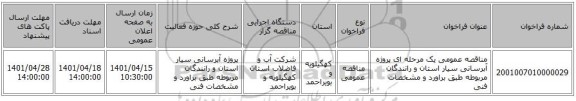 مناقصه، مناقصه عمومی یک مرحله ای پروژه آبرسانی سیار استان و رانندگان مربوطه طبق براورد و مشخصات فنی
