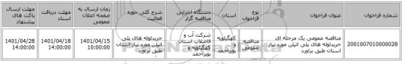 مناقصه، مناقصه عمومی یک مرحله ای خریدلوله های پلی اتیلن مورد نیاز استان طبق براورد