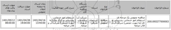 مناقصه، مناقصه عمومی یک مرحله ای استعلام امور خدماتی، پشتیبانی و کار (به صورت حجمی) شرکت آب و فااب مراغه
