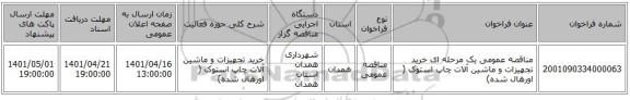 مناقصه، مناقصه عمومی یک مرحله ای خرید تجهیزات و ماشین آلات چاپ استوک ( اورهال شده)