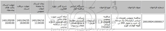 مناقصه، مناقصه عمومی همزمان با ارزیابی (یکپارچه) یک مرحله ای خرید و تحویل 340 تن گلوله فولادی فورج