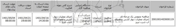 مناقصه، مناقصه عمومی یک مرحله ای اجرای عملیات دیوار کشی چاههای آب شرب تبریز