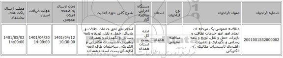 مناقصه، مناقصه عمومی یک مرحله ای انجام امور امور خدمات نظافت و باربری، حمل و نقل، توزیع و نامه رسانی و نگهداری و تعمیرات راهبردی تاسیسات مکانیکی  و الکتریکی