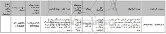 مناقصه، فراخوان ارزیابی کیفی انجام عملیات نگهداری و تعمیرات سیستم سیگنالینگ در فازهای اول و دوم و پایانه ائل گلی خط یک قطار شهری تبریز
