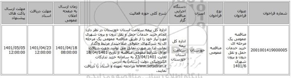 مناقصه، مناقصه عمومی یک مرحله ای خرید خدمات حمل و نقل درون و برون شهری 1401/6