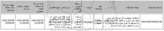 مناقصه، مناقصه عمومی یک مرحله ای خرید لوله پلی اتیلن در اقطار 110،160و90م م (مربوط به طرح پروژه رفع مشکل آب شرب مناطق تنش زای استان)