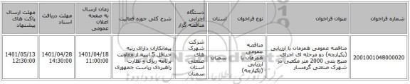 مناقصه، مناقصه عمومی همزمان با ارزیابی (یکپارچه) دو مرحله ای اجرای منبع بتنی 2000 متر مکعبی در شهرک صنعتی گرمسار