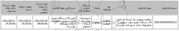 مناقصه، مناقصه عمومی یک مرحله ای تامین 15 دستگاه خودرو جهت سرویس مامورتهای اداری شهرداری بهارستان