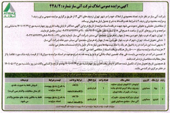 مزایده فروش تعداد محدودی املاک با کاربری مسکونی