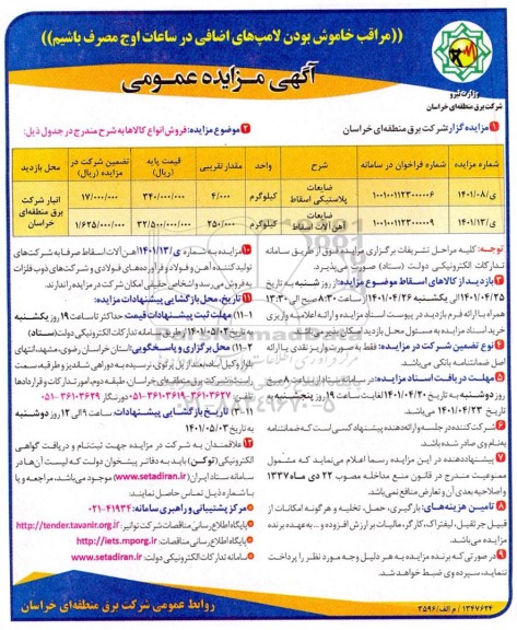 مزایده فروش ضایعات پلاستیکی اسقاط...