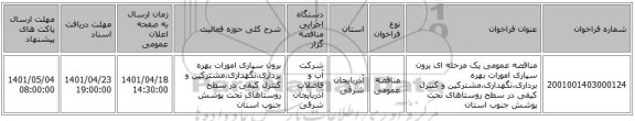 مناقصه، مناقصه عمومی یک مرحله ای برون سپاری امورات بهره برداری،نگهداری،مشترکین و کنترل کیفی در سطح روستاهای تحت پوشش جنوب استان
