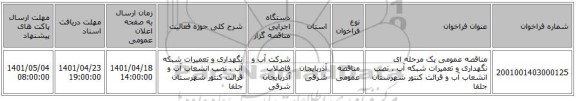 مناقصه، مناقصه عمومی یک مرحله ای نگهداری و تعمیرات شبکه آب ، نصب انشعاب آب و قرائت کنتور شهرستان جلفا