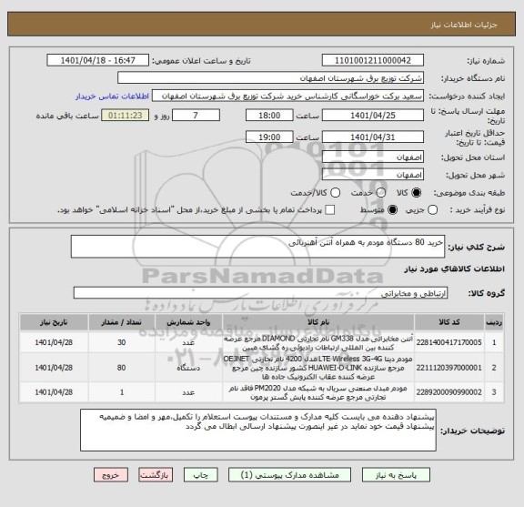 استعلام خرید 80 دستگاه مودم به همراه آنتن آهنربائی