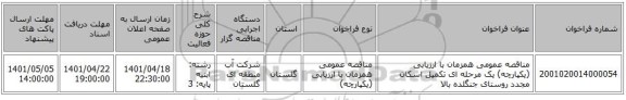 مناقصه، مناقصه عمومی همزمان با ارزیابی (یکپارچه) یک مرحله ای تکمیل اسکان مجدد روستای جنگلده بالا