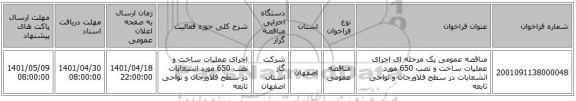 مناقصه، مناقصه عمومی یک مرحله ای اجرای عملیات ساخت و نصب 650 مورد انشعابات در سطح فلاورجان و نواحی تابعه
