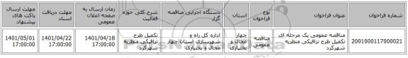 مناقصه، مناقصه عمومی یک مرحله ای تکمیل طرح ترافیکی منظریه شهرکرد