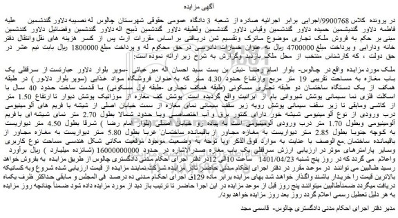مزایده یک باب مغازه به مساحت تقریبی 19 متر مربع