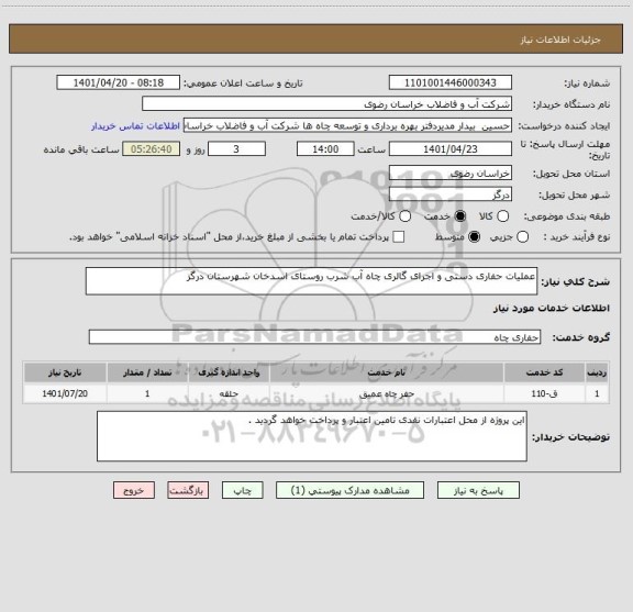 استعلام عملیات حفاری دستی و اجرای گالری چاه آب شرب روستای اسدخان شهرستان درگز