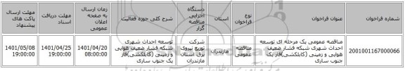 مناقصه، مناقصه عمومی یک مرحله ای توسعه احداث شهری شبکه فشار ضعیف هوایی و زمینی (کابلکشی)فاز یک 	جنوب ساری