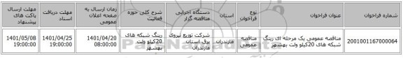 مناقصه، مناقصه عمومی یک مرحله ای رینگ شبکه های 20کیلو ولت 	بهشهر