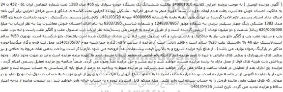 مزایده ششدانگ یک دستگاه خودرو سواری پژو 405 مدل 1383