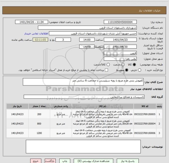استعلام کفپوش بتنی طرح مربع با رویه سیلیسی با ضخامت 6 سانتی متر