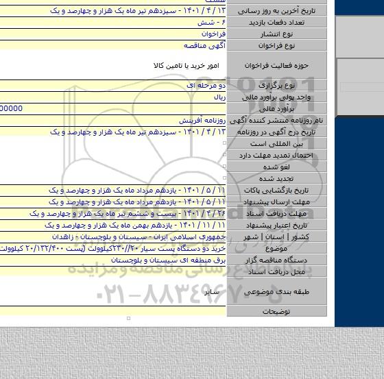 مناقصه, خرید دو دستگاه پست سیار ۲۰//۲۳۰کیلوولت  (پست ۲۰/۱۳۲/۴۰۰ کیلوولت میل نادر)