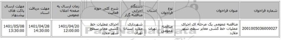 مناقصه، مناقصه عمومی یک مرحله ای  اجرای عملیات خط کشی معابر سطح شهر ملارد