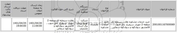 مناقصه، خرید خدمات مشاوره نظارت سرمایه ای منطقه 2	جویبار ،سیمرغ، بابل جنوب ، قائمشهر سوادکوه و سوادکوه شمالی