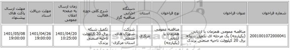 مناقصه، مناقصه عمومی همزمان با ارزیابی (یکپارچه) یک مرحله ای تکمیل شبکه برق 20 کیلوولت ناحیه صنعتی پرندک