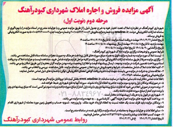 مزایده فروش و اجاره املاک شهرداری