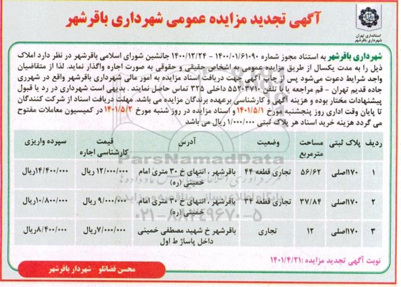 تجدید مزایده اجاره املاک کاربری تجاری  