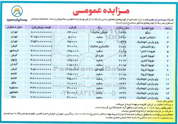 مزایده فروش تعدادی خودرو