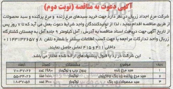 مناقصه خرید سبدهای مرغ زنده و مرغ پرکنده و سبد محصولات - نوبت دوم 