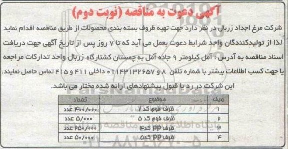 مناقصه تهیه ظروف بسته بندی محصولات - نوبت دوم 